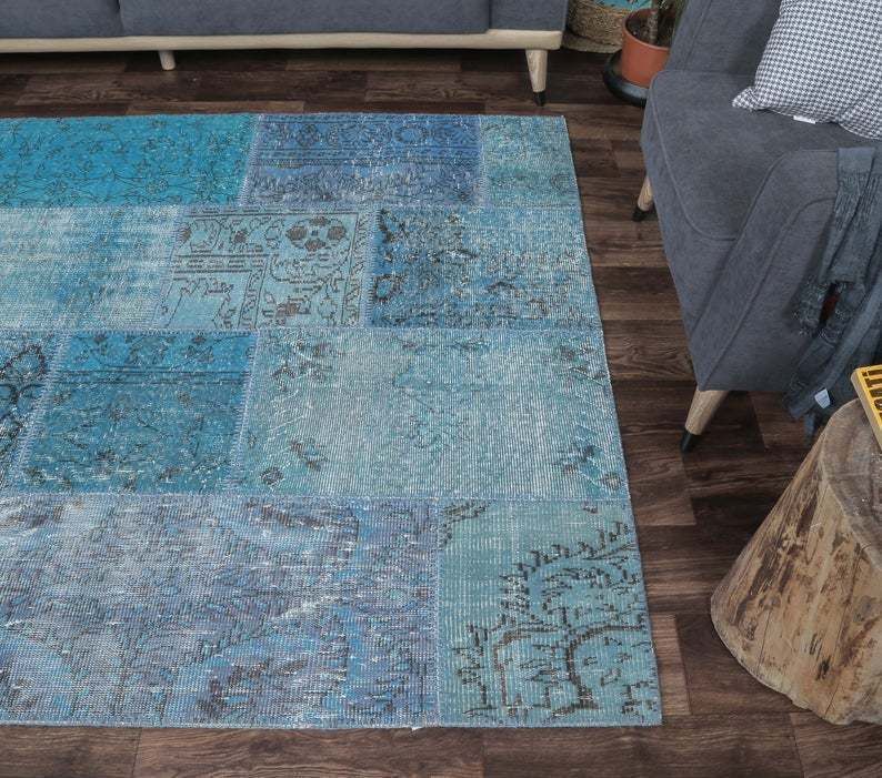 Patchwork Turkish Vintage Rug, Oushak Handmade Wool Rug, Blue Custom Rugs, Farmhouse Decor, One Of A Kind, Anatolia photo Textiles