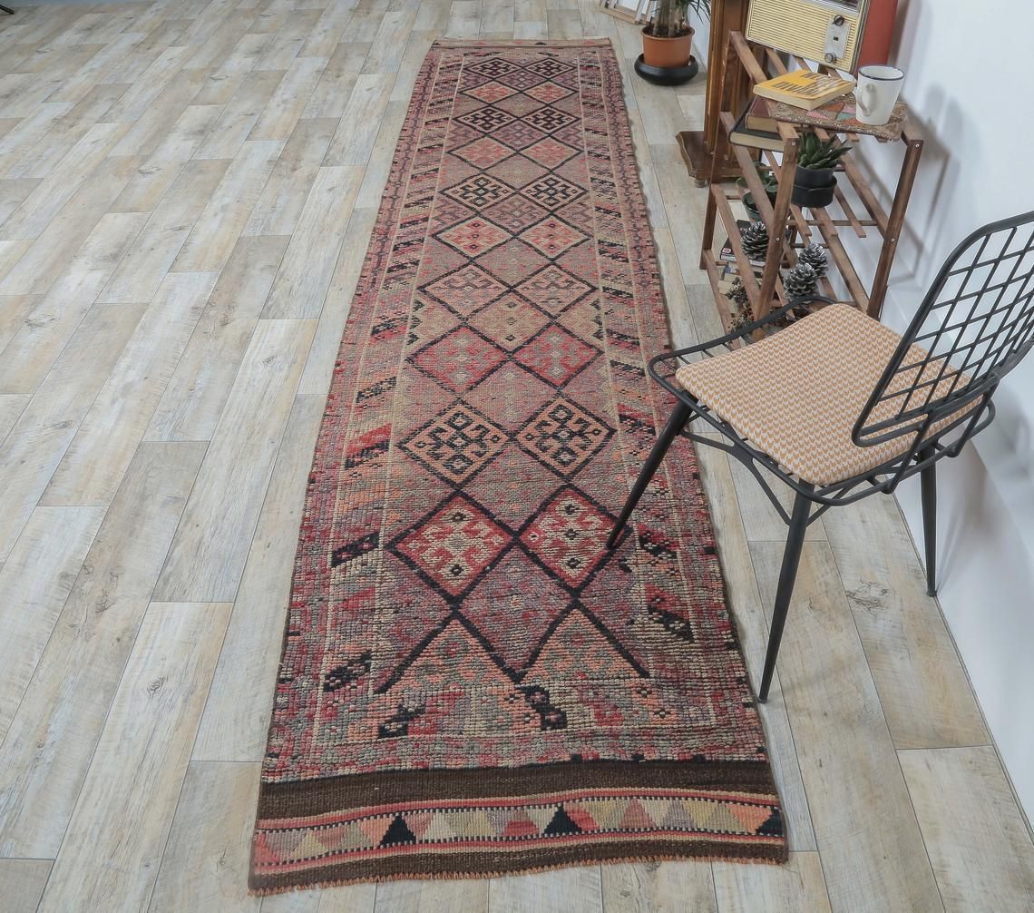 3x13 Hand Knotted Vintage Turkish Oushak Runner, Wool, Reddish Hallway Rug, One Of A Kind, Anatolian, Boho Decor, Shabby Chic