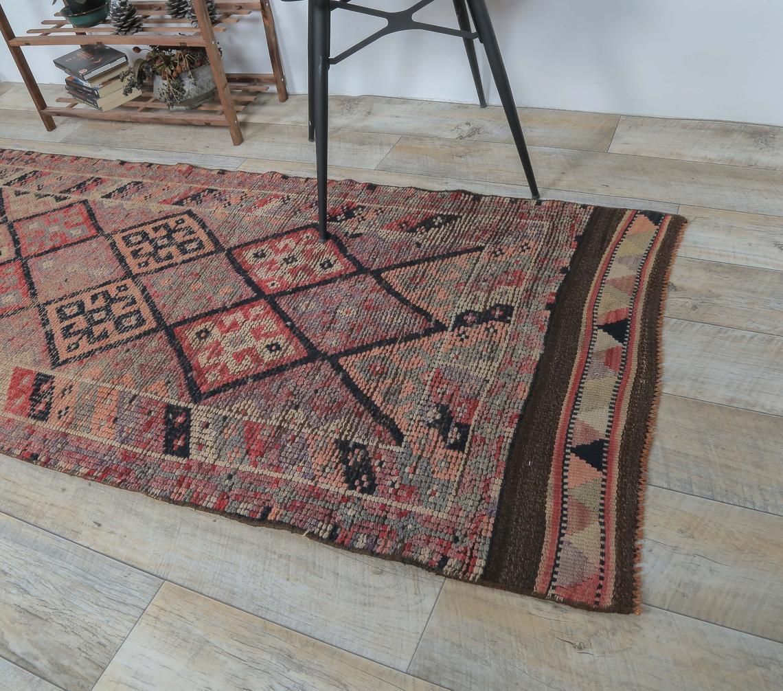 3x13 Hand Knotted Vintage Turkish Oushak Runner, Wool, Reddish Hallway Rug, One Of A Kind, Anatolian, Boho Decor, Shabby Chic photo Textiles