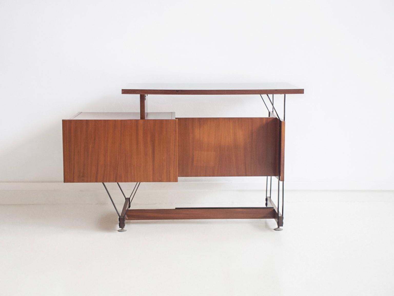 photo vintage Wooden Writing Desk With Metal Structure, Italy, 1960s