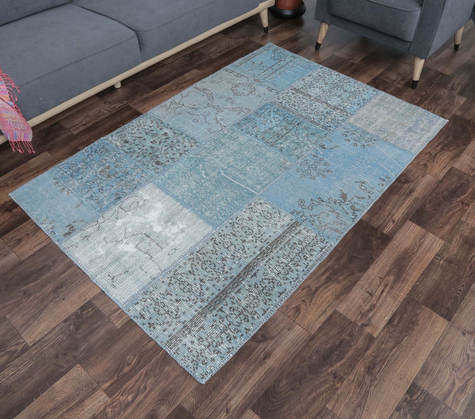 Patchwork Turkish Vintage Rug, Oushak Handmade Wool Rug, Blue Custom Area Rugs, Farmhouse Decor, One Of A Kind, Anatolian Carpet photo for sale