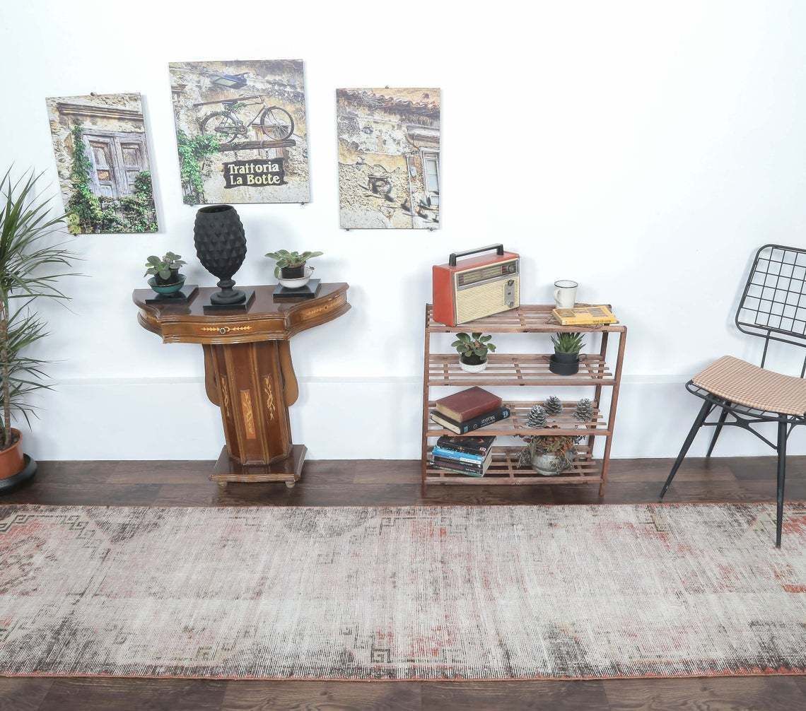 3x11 Turkish Antique Runner, Oushak Handmade Wool Rug, Neutral & Red Distressed Hallway Rugs, Farmhouse Decor, One Of A Kind, Anatolian photo for sale