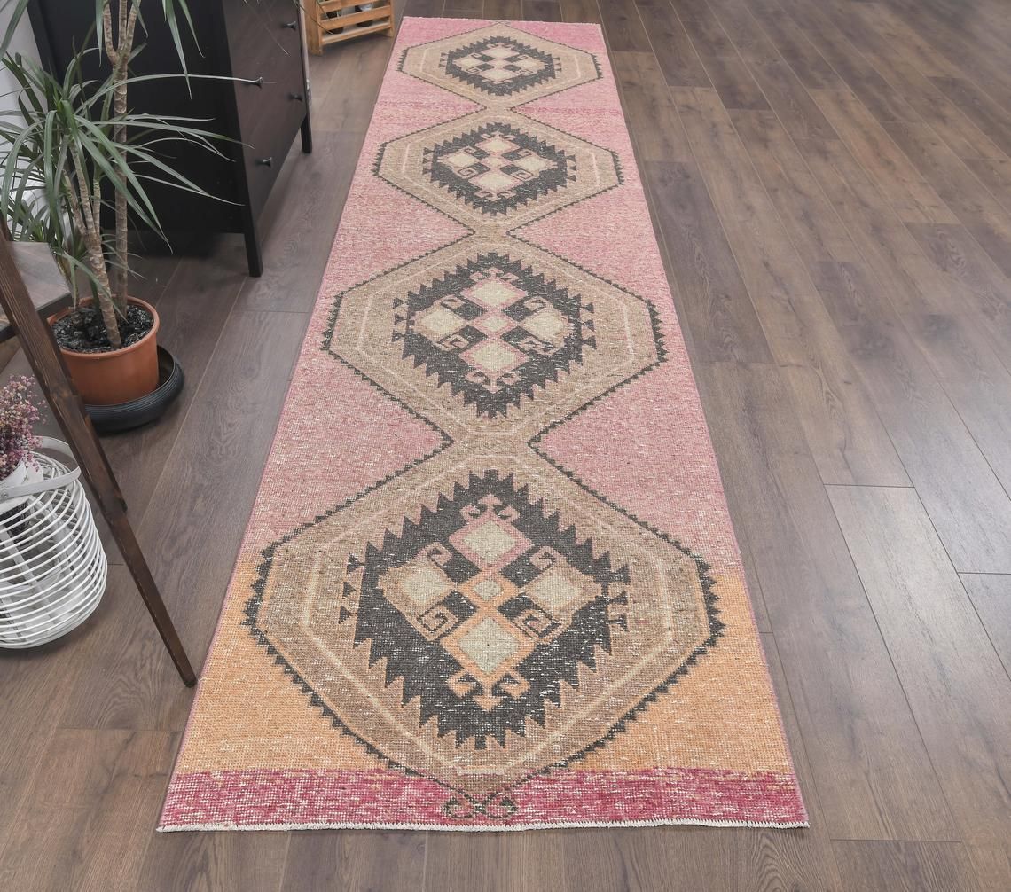 3x13 Vintage Turkish Oushak Runner, Purple Hand Knotted Wool Carpet, Hallway Rug, One Of A Kind, Anatolian, Boho Decor, Shabby Chic