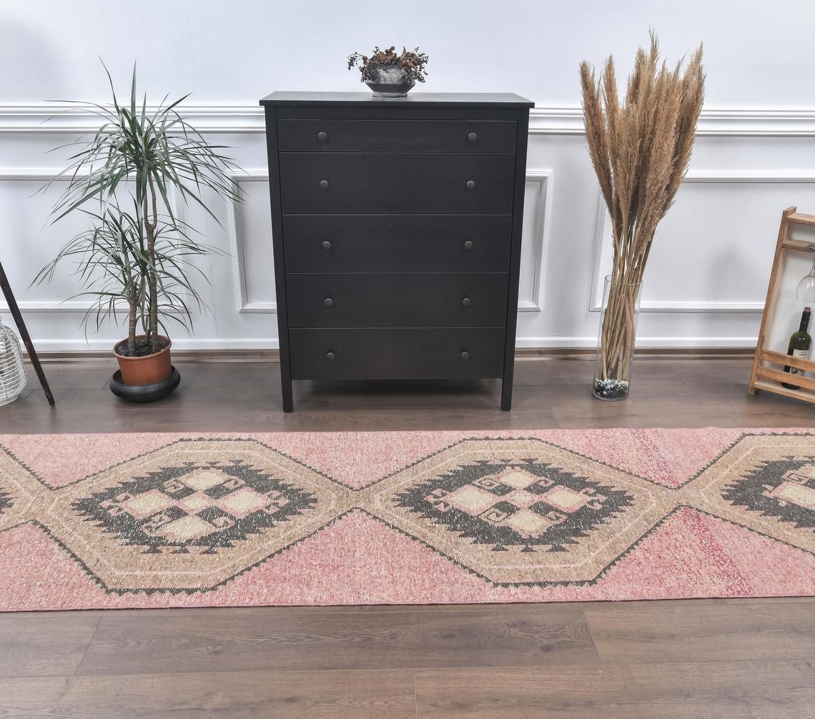 3x13 Vintage Turkish Oushak Runner, Purple Hand Knotted Wool Carpet, Hallway Rug, One Of A Kind, Anatolian, Boho Decor, Shabby Chic photo for sale