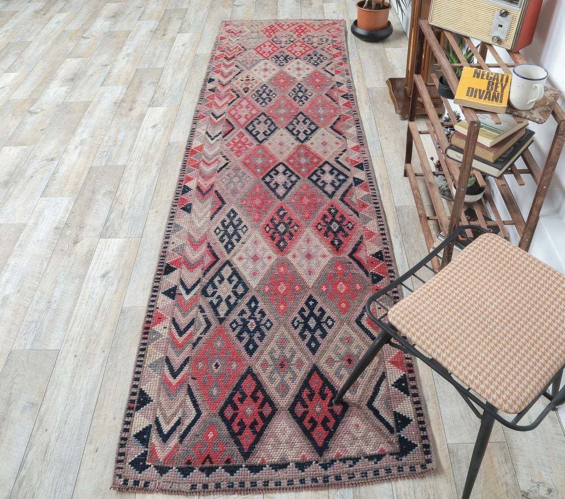 3x10 Diamonds Vintage Turkish Oushak Runner, Hand Knotted Wool Carpet, Hallway Rug, One Of A Kind, Anatolian, Boho Decor, Shabby Chic