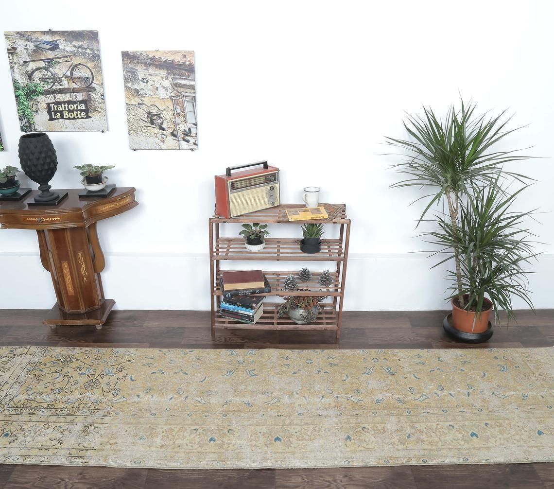 3x10 Antique Turkish Runner, Oushak Handmade Wool Rug, Faded Floral Hallway Rugs, Farmhouse Decor One Of A Kind, Made In Anatolia photo for sale