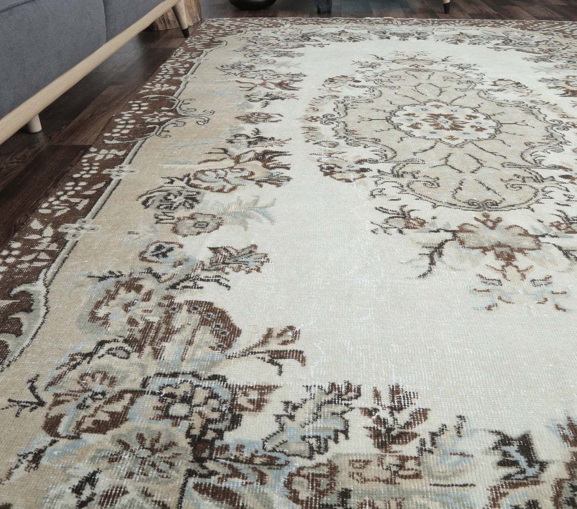 6x9 Vintage Turkish Rugs, Oushak Oriental Carpet, Beige Brown Bohemian Farmhouse Decor Living Room Rug, One Of A Kind, Anatolian photo Textiles