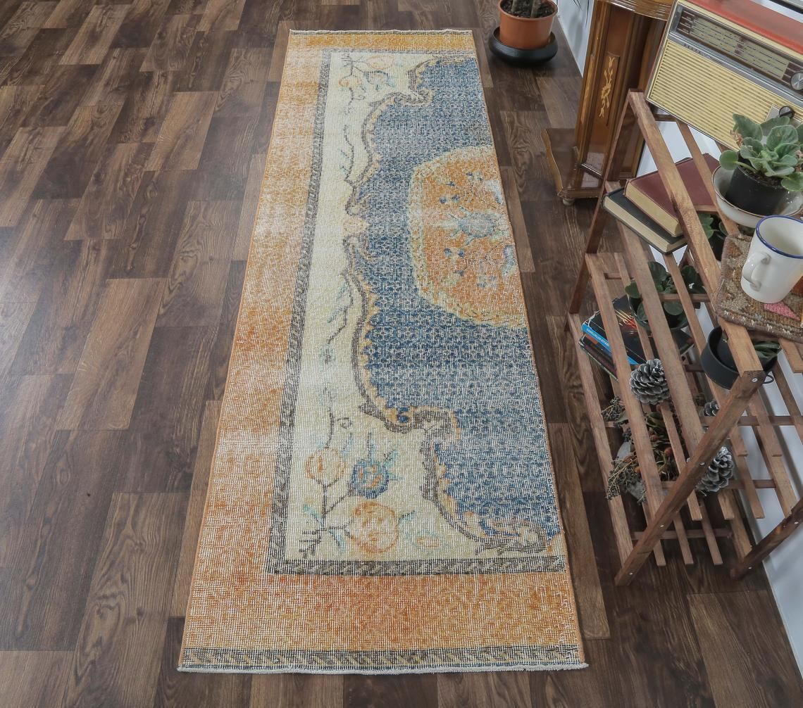 3x8 Half Rug Turkish Vintage Runner, Oushak Handmade Wool Rug, Orange Hallway Rugs, Farmhouse Decor, One Of A Kind, Folk Art, Anatolian