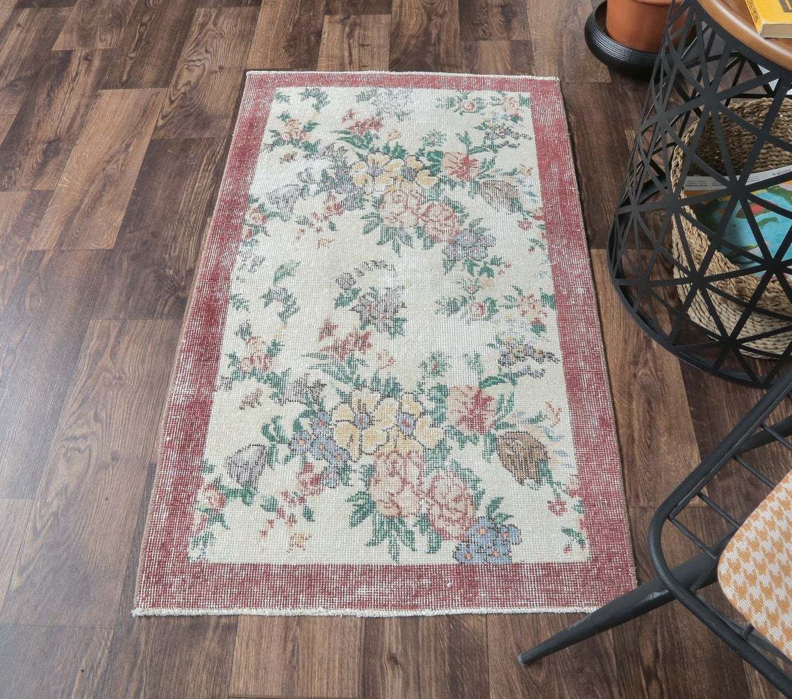 2x4 Turkish Vintage Oushak Runner, Floral Beige Handmade Wool Rug, Hallway & Kitchen Rugs, Farmhouse Decor, One Of A Kind, Anatolia