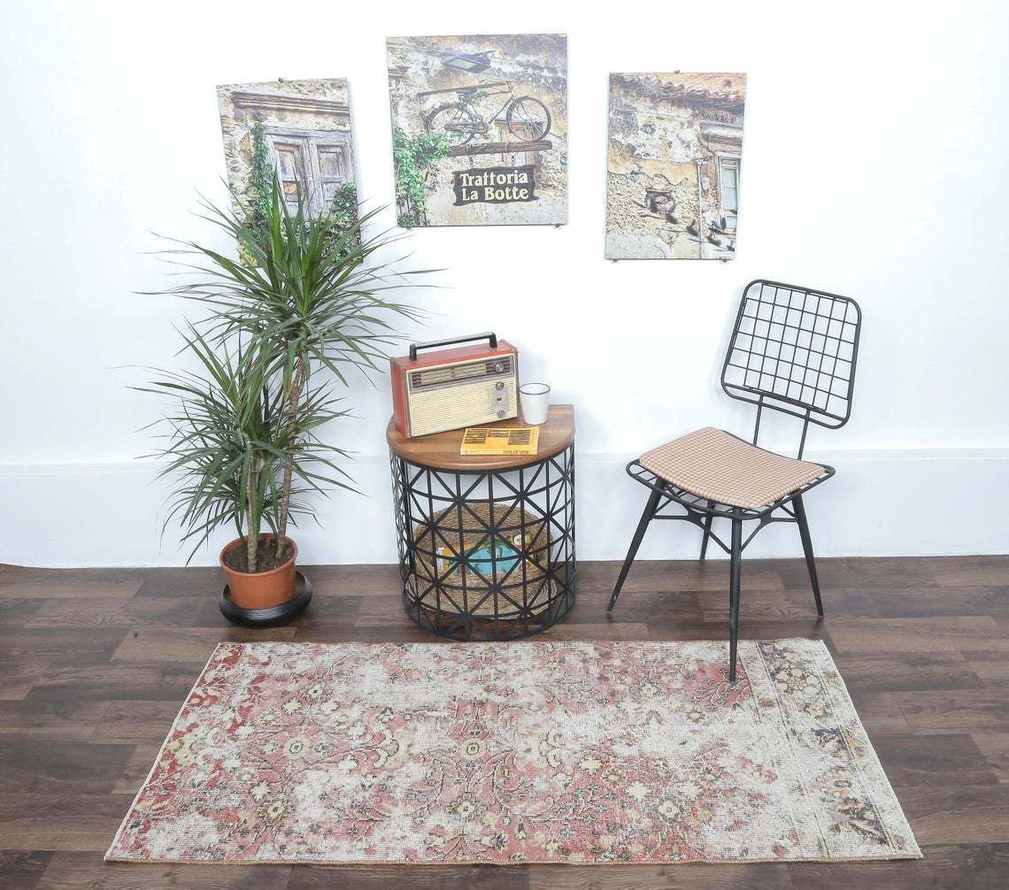 3x6 Turkish Vintage Runner, Oushak Handmade Wool Runner Rug, Red Floral Distressed, Bohemian Hallway Rugs, Farmhouse Decor, One Of A Kind photo for sale