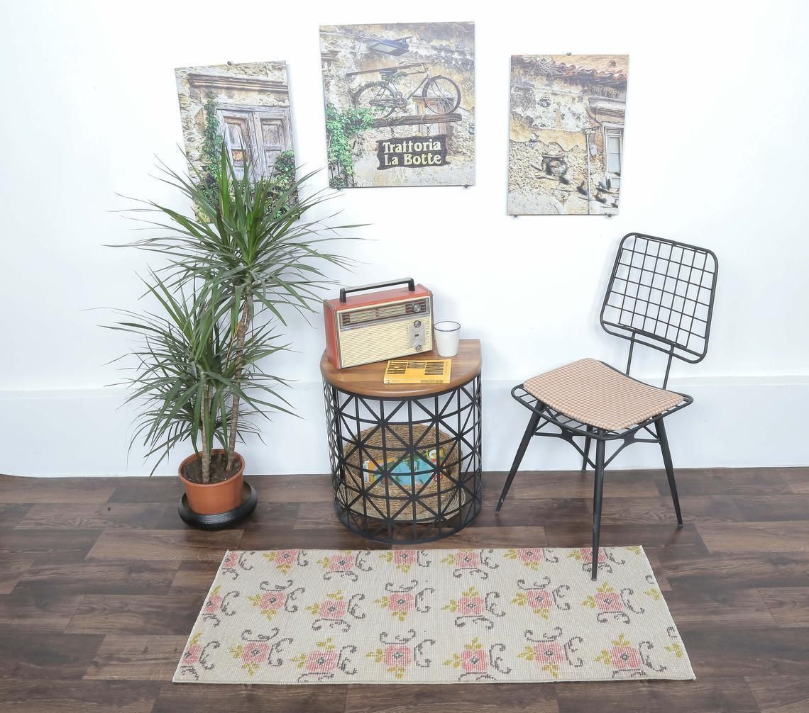 2x4 Turkish Vintage Oushak Runner, Floral Beige Handmade Wool Rug, Hallway & Kitchen Rugs, Farmhouse Decor, One Of A Kind, Anatolia photo for sale