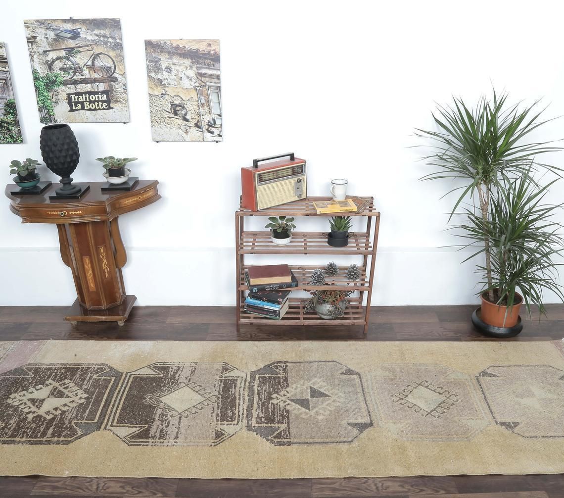 3x10 Turkish Neutral Vintage Runner, Oushak Handmade Wool Rug, Tan Hallway Rugs, Farmhouse Decor, One Of A Kind, Made In Anatolia photo for sale