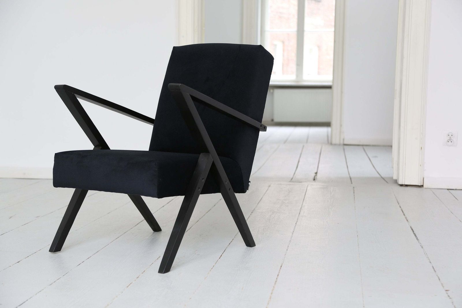 Original Midcentury Polish Armchair From The 60s In Black Velvet And Black Wooden Frame
