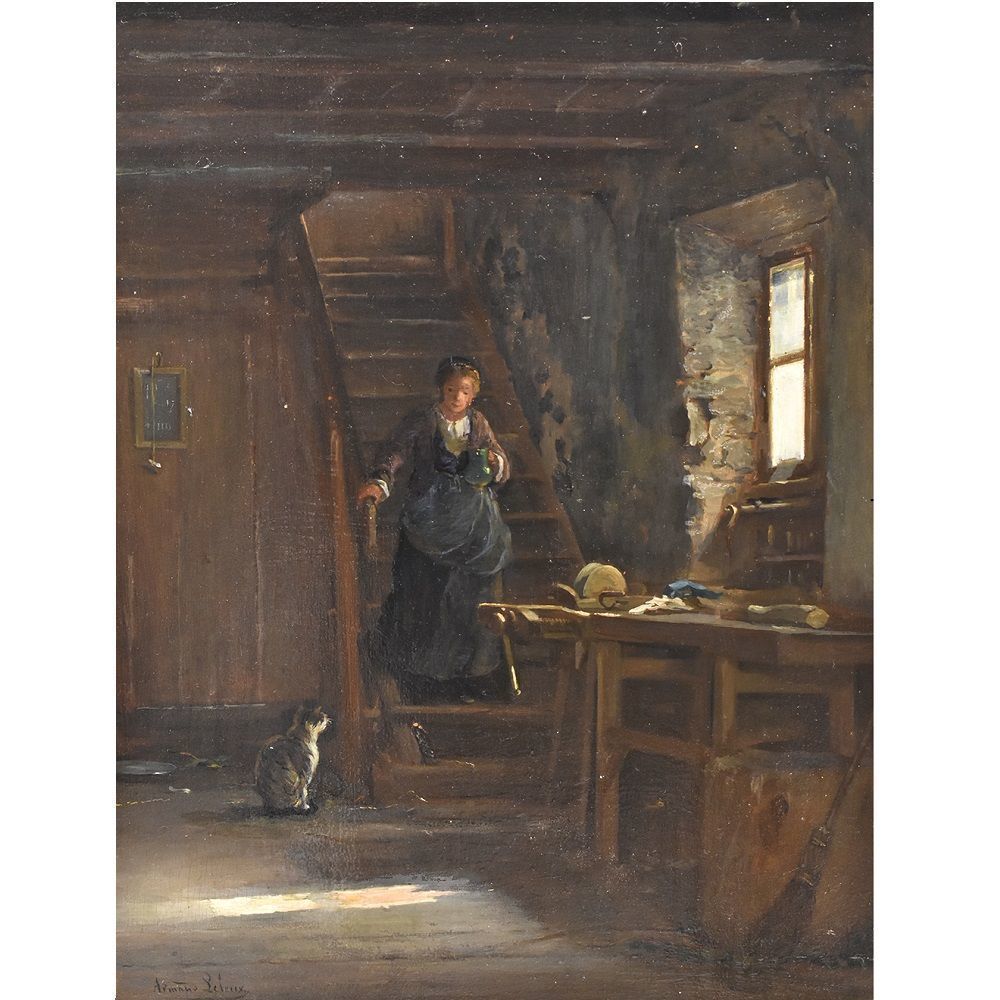 Antique Painting, Interior, Oil On Wood, French Painter, 19 Th Century. (Qr274) photo furniture