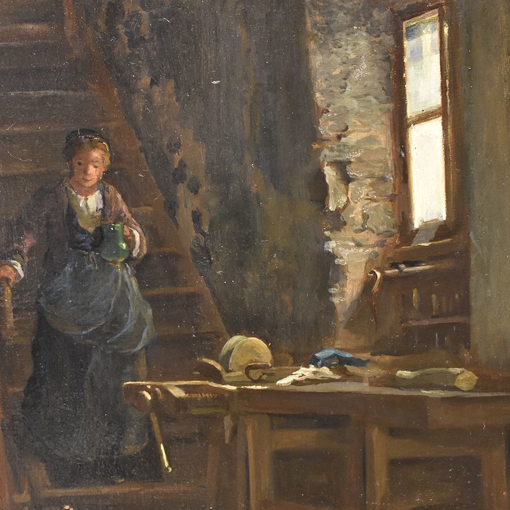 Antique Painting, Interior, Oil On Wood, French Painter, 19 Th Century. (Qr274) photo for sale