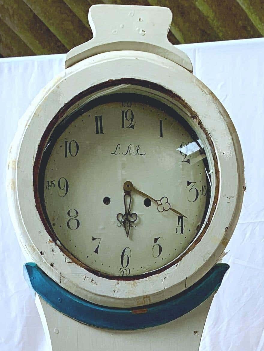 Mora Clock Swedish Early 1800s Antique Gustavian White Blue Detail photo furniture