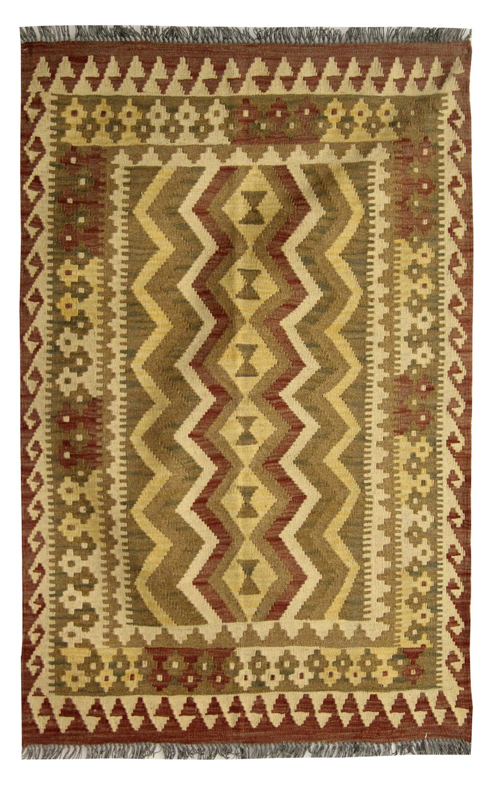 Handmade Afghan Beige Cream Green Wool Kilim Area Rug, Geometric Flatwoven Carpet 102x154cm