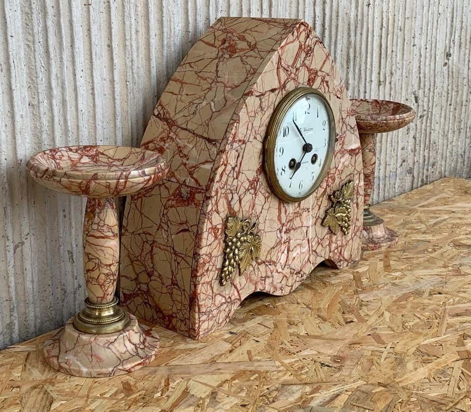 Art Deco Pink Marble Set Of Mantle, Desk Or Chapel Clock With Bronze Details photo for sale