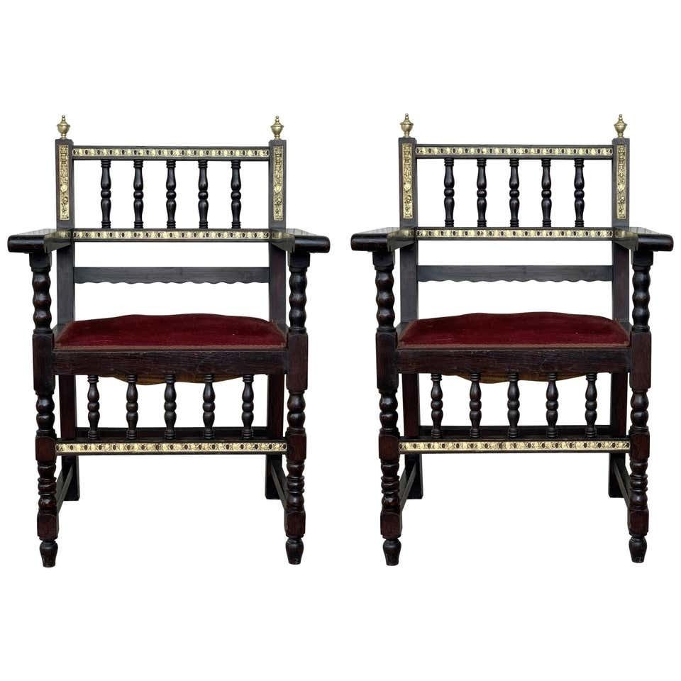 Pair Of Spanish Armchairs With Bronze Details And Red Velvet Upholstery