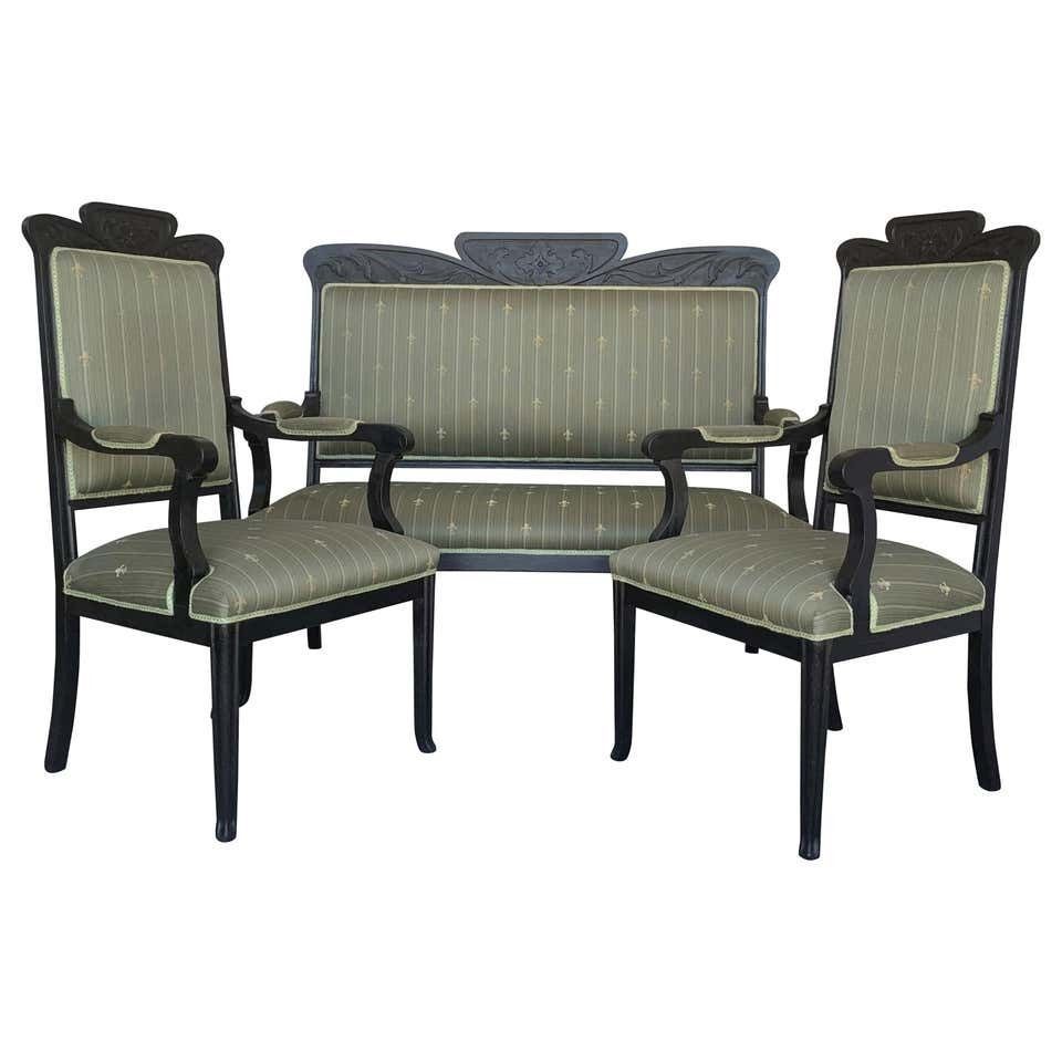 Salon de style Louis XVI noir, canapé et deux fauteuils, XXe siècle