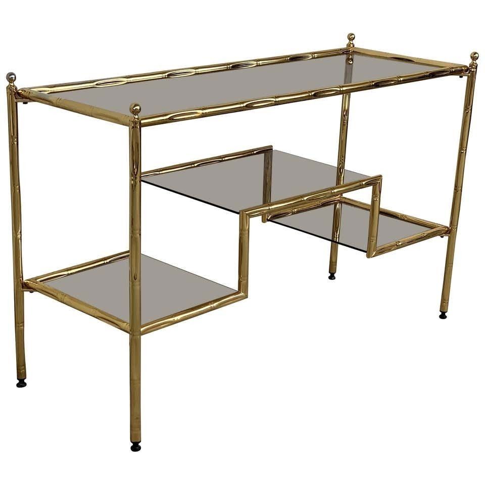 Mid Century Modern Italian Faux Bamboo Gilt Metal Console With Smoked Glass