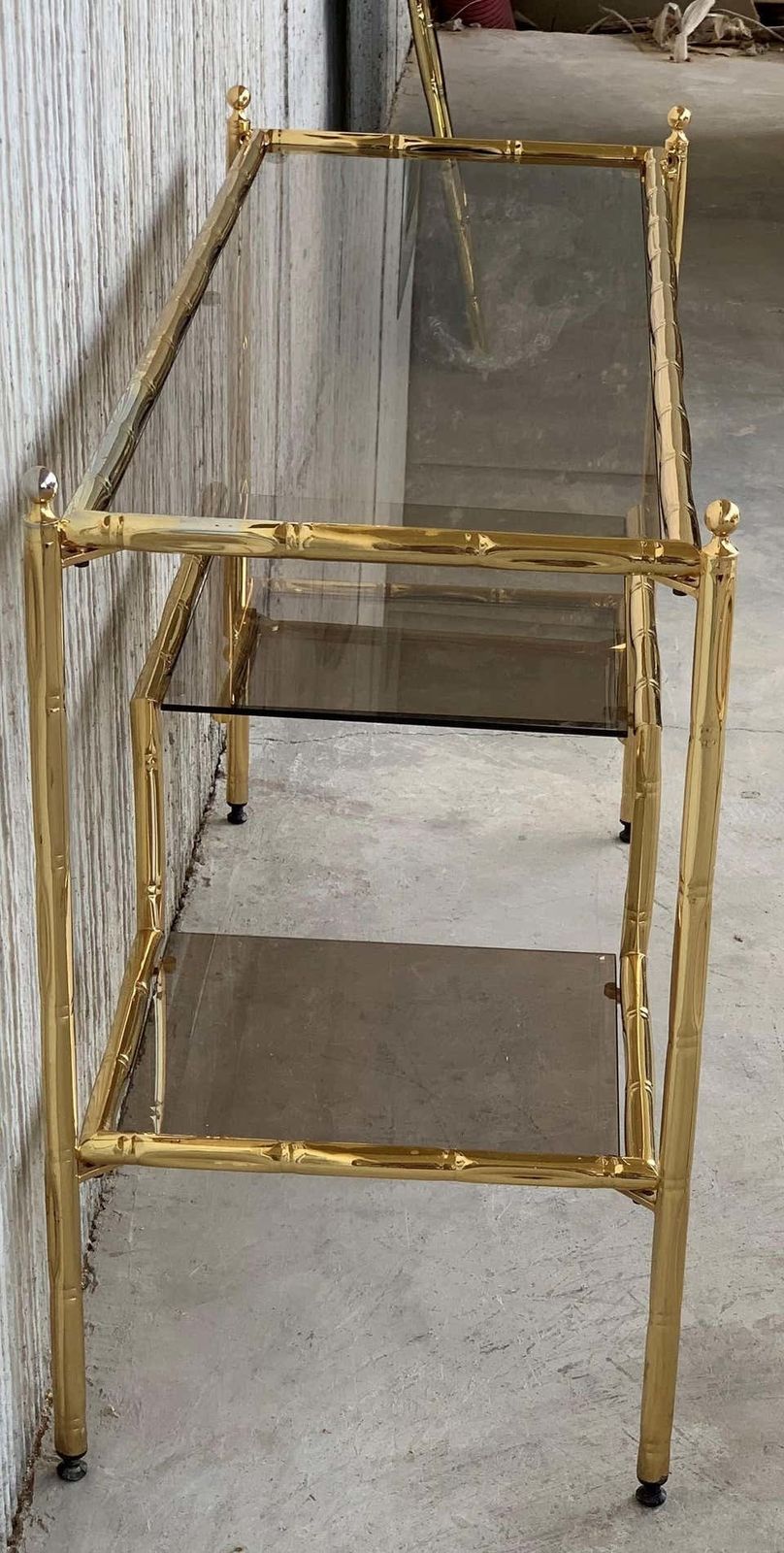 Mid Century Modern Italian Faux Bamboo Gilt Metal Console With Smoked Glass photo vinterior