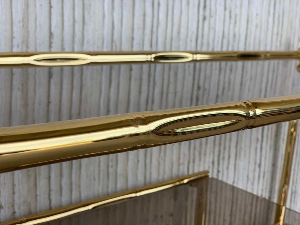 Furniture Mid Century Modern Italian Faux Bamboo Gilt Metal Console With Smoked Glass photo