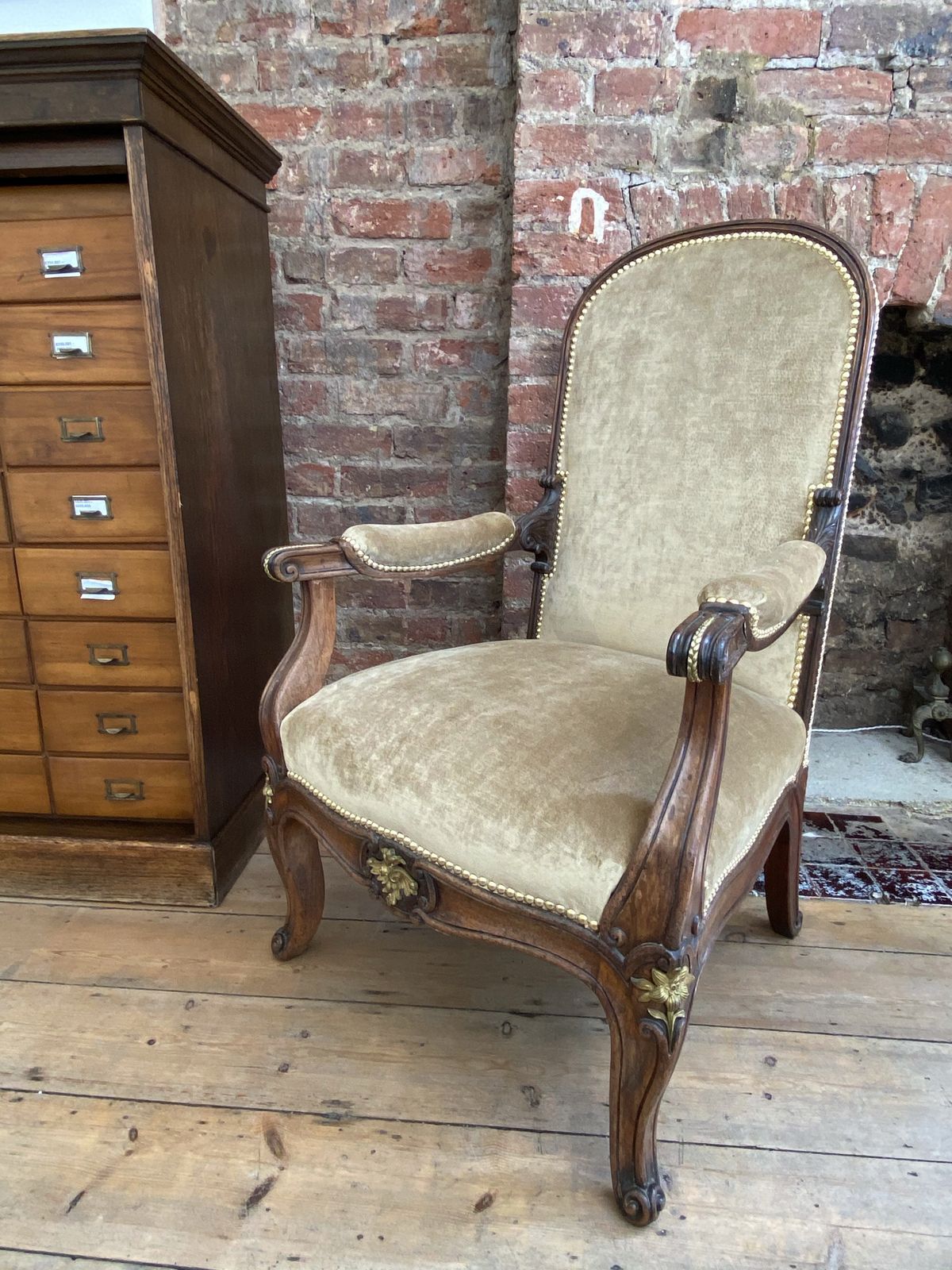 Exceptional Pair Of French Empire Walnut Chairs Arm Chairs With Gilt Ormolu Mounts photo furniture