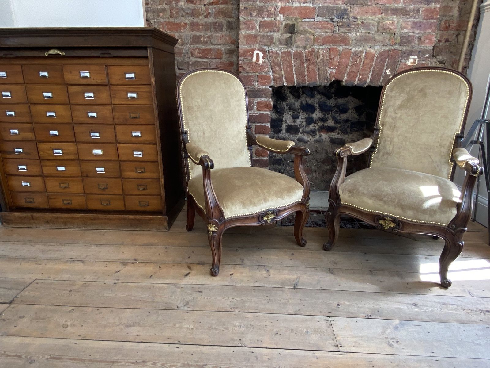 Exceptional Pair Of French Empire Walnut Chairs Arm Chairs With Gilt Ormolu Mounts photo 1250.0