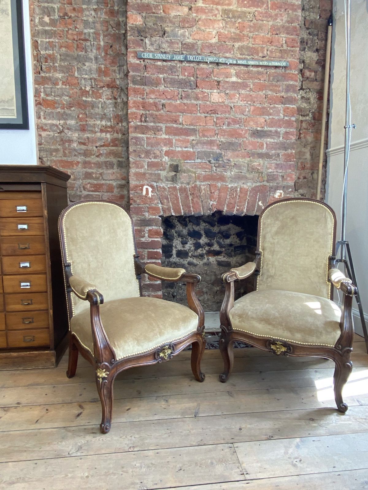 Furniture Exceptional Pair Of French Empire Walnut Chairs Arm Chairs With Gilt Ormolu Mounts photo