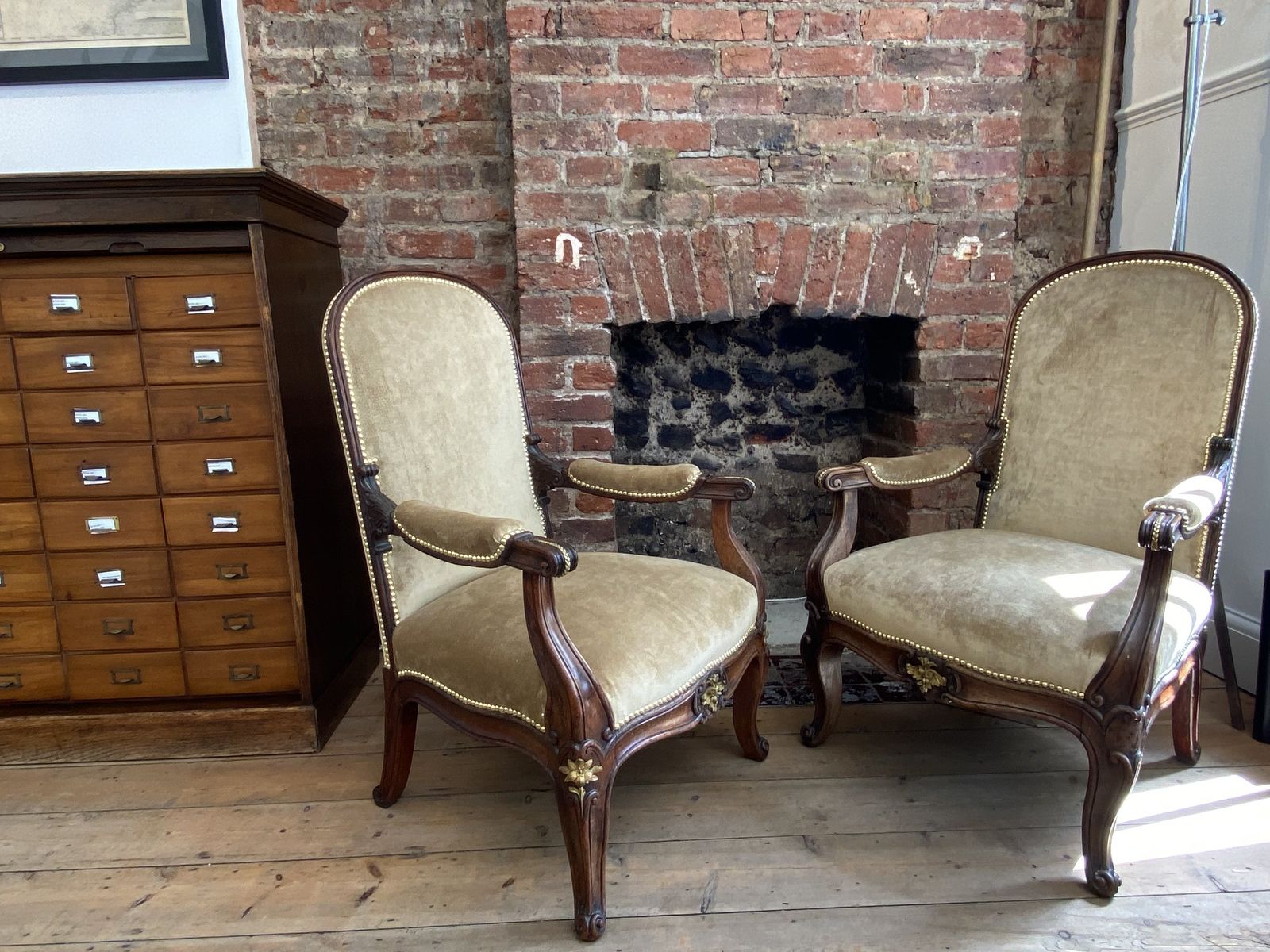 1250.0 Exceptional Pair Of French Empire Walnut Chairs Arm Chairs With Gilt Ormolu Mounts photo