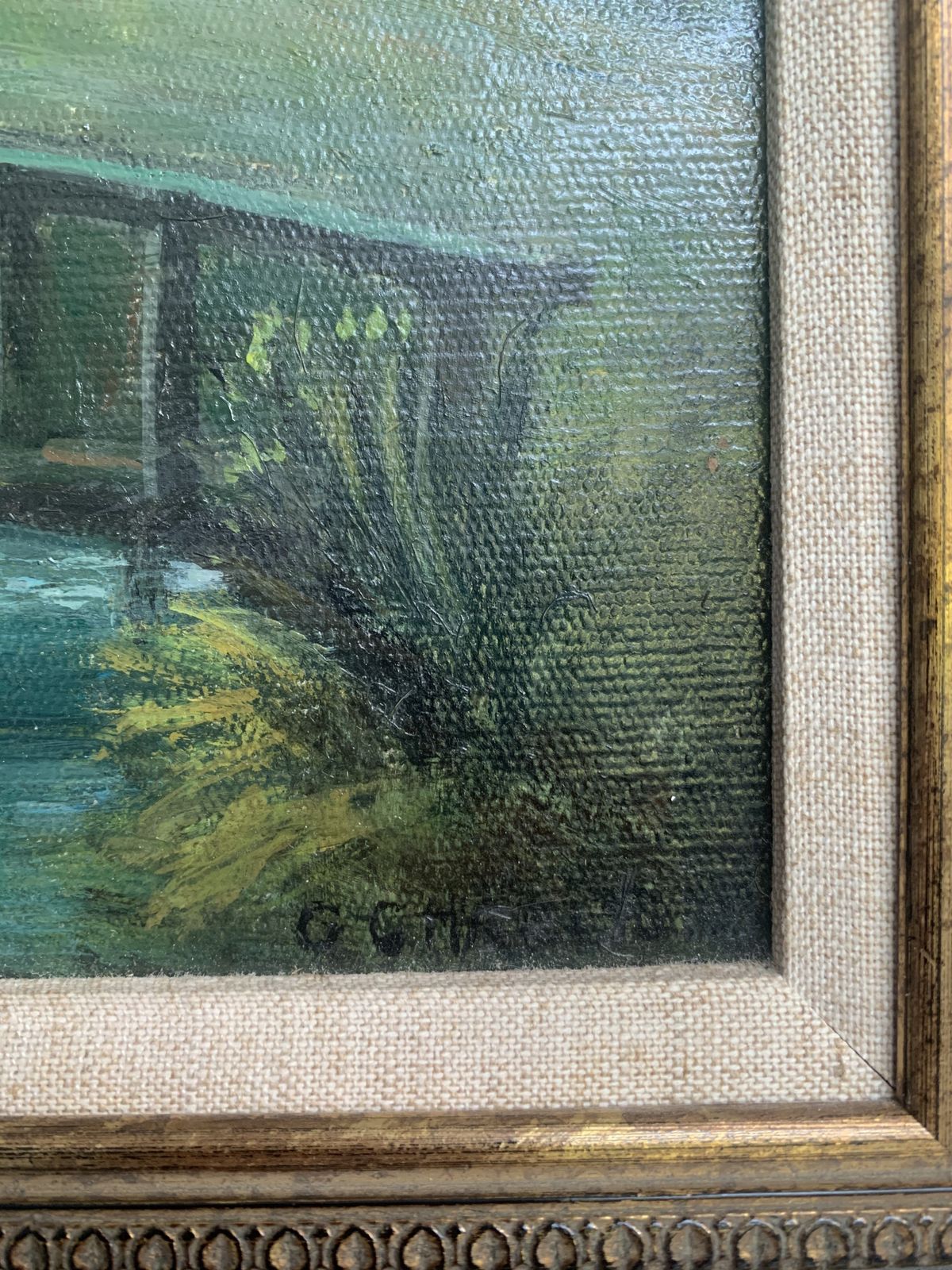 'Woman On Bridge'   Oil On Board English Countryside Painting By George Charlton (1899 1979); Framed photo furniture