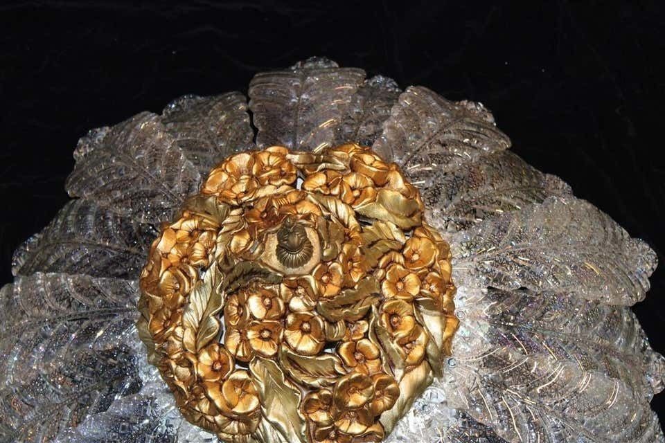 Round Pair Of Chandelier Murano Gold Ceramic Italian Design 1960s Flowers Leaves photo vinterior