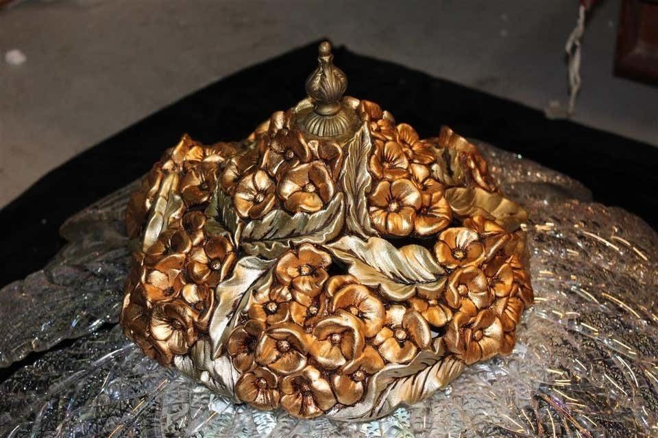 photo furniture Round Pair Of Chandelier Murano Gold Ceramic Italian Design 1960s Flowers Leaves