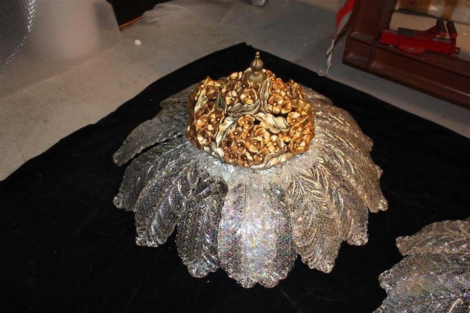 photo vinterior Round Pair Of Chandelier Murano Gold Ceramic Italian Design 1960s Flowers Leaves