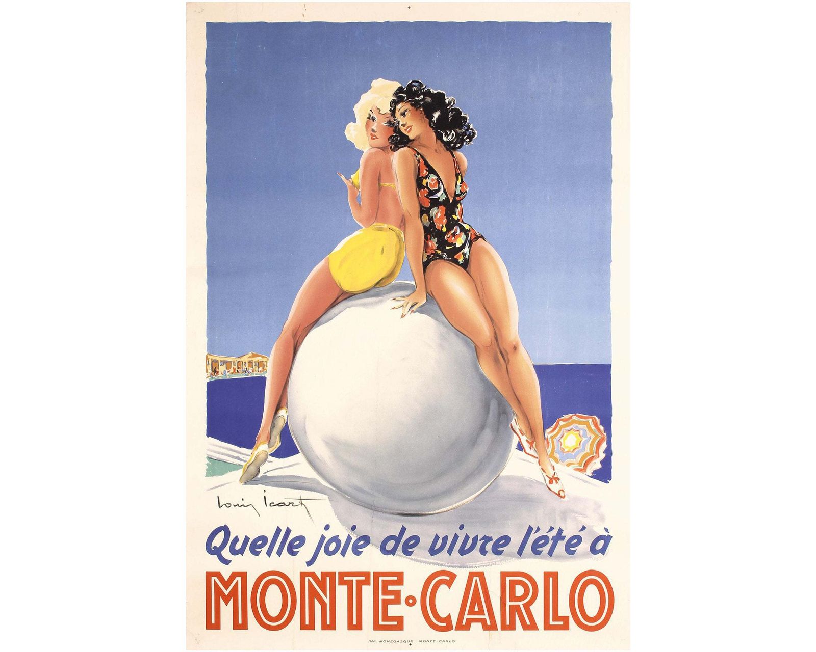 Original Vintage 40s Monte Carlo Beach Surf Travel Poster By Louis Icart 1948