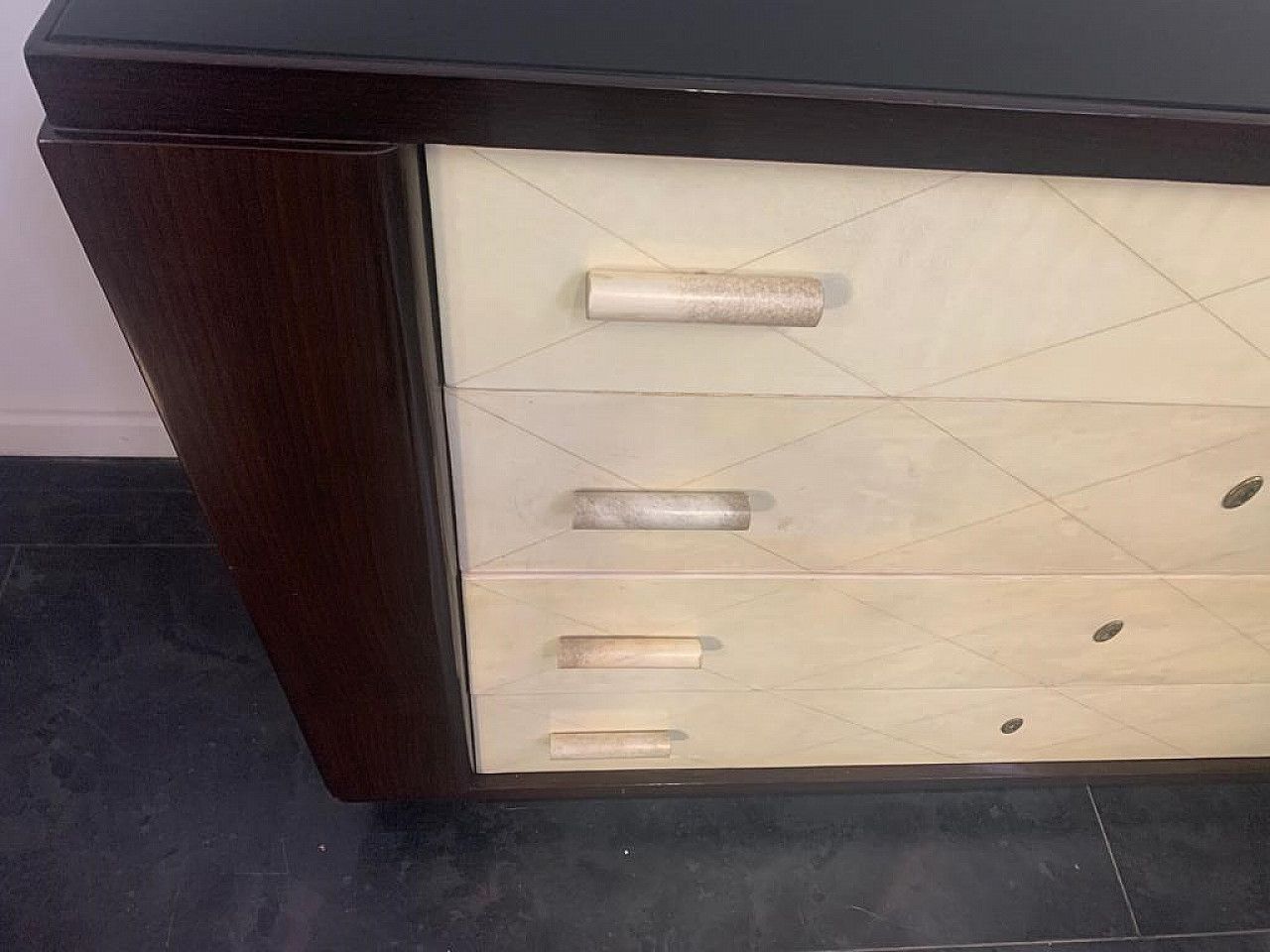 Art Deco Chest Of Drawers In Mahogany With Parchment Handles, 1940s photo vinterior