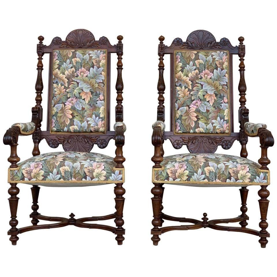 Louis XVI Style French Pair Of Carved Walnut Armchairs, 1900s