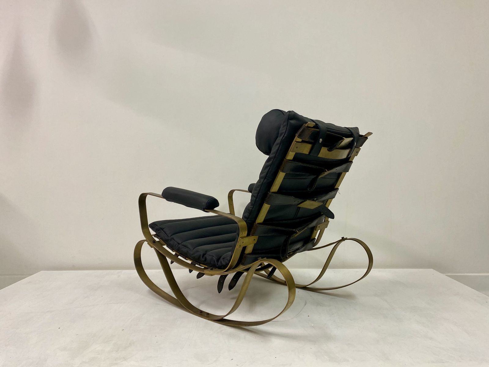 1970s Italian Brass And Black Leather Rocking Chair By Luciano Frigerio photo vinterior