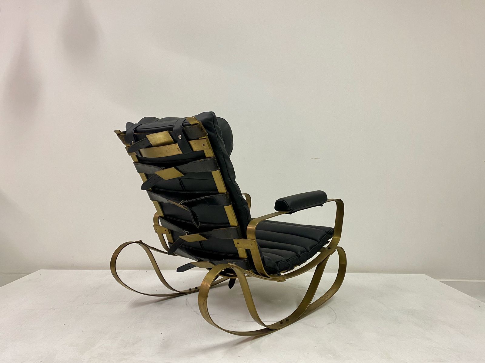 1970s Italian Brass And Black Leather Rocking Chair By Luciano Frigerio photo buy