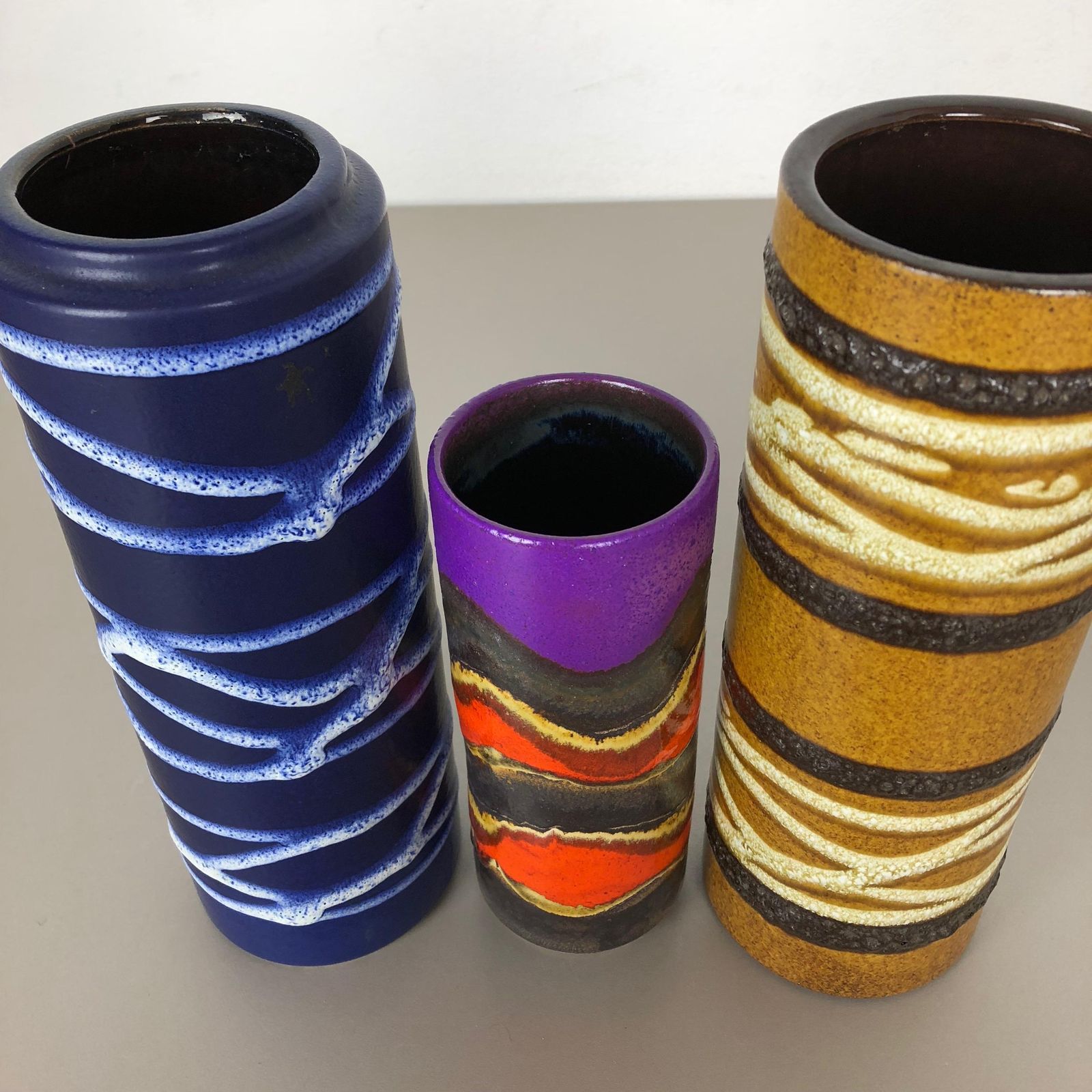 photo vinterior Set Of Three 1970s Pottery Fat Lava "Tube" Vases Made By Scheurich, Germany