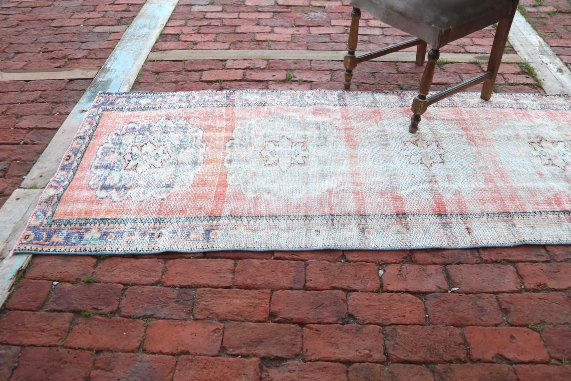 Handmade 2’9” X 10’3” Turkish Runner Rug Boho Decor Farmhouse Decor Hand Knotted Hallway Herki Floral Runner Rug Red Purple Green Leaves photo furniture