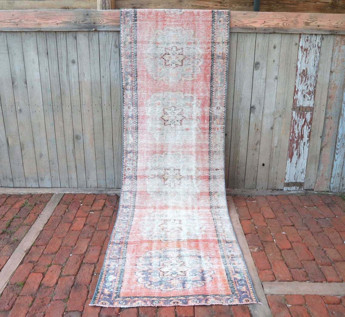 Handmade 2’9” X 10’3” Turkish Runner Rug Boho Decor Farmhouse Decor Hand Knotted Hallway Herki Floral Runner Rug Red Purple Green Leaves photo for sale