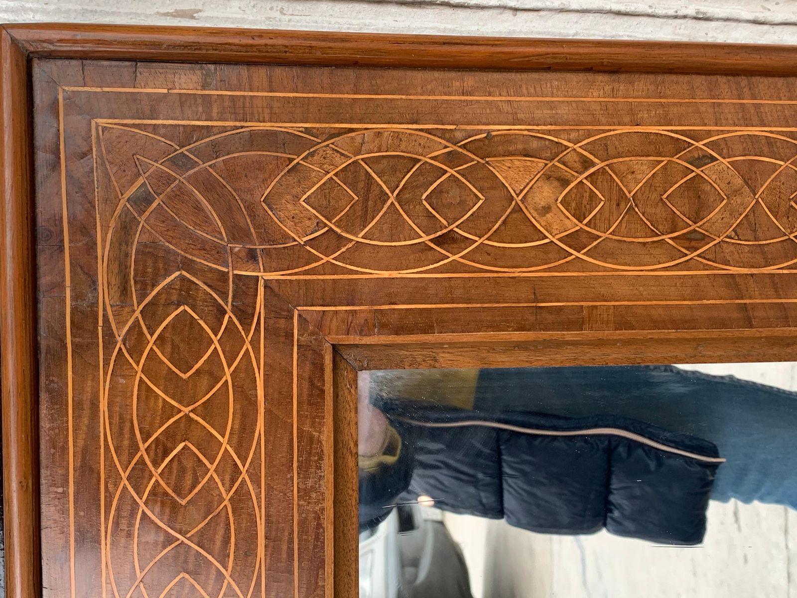 Antique Geometrical Marquetry Inlaid Mahogany Mirror With Carved Crest photo 3094.0