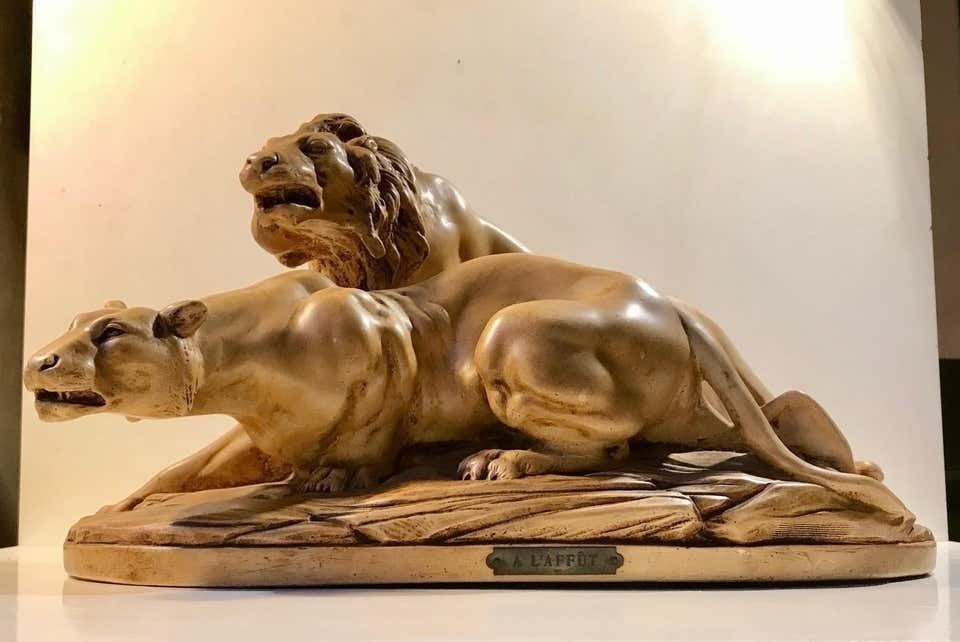 French Art Deco Sculpture Of Lions A L'affut By A. Martinez, Paris 1924 photo for sale