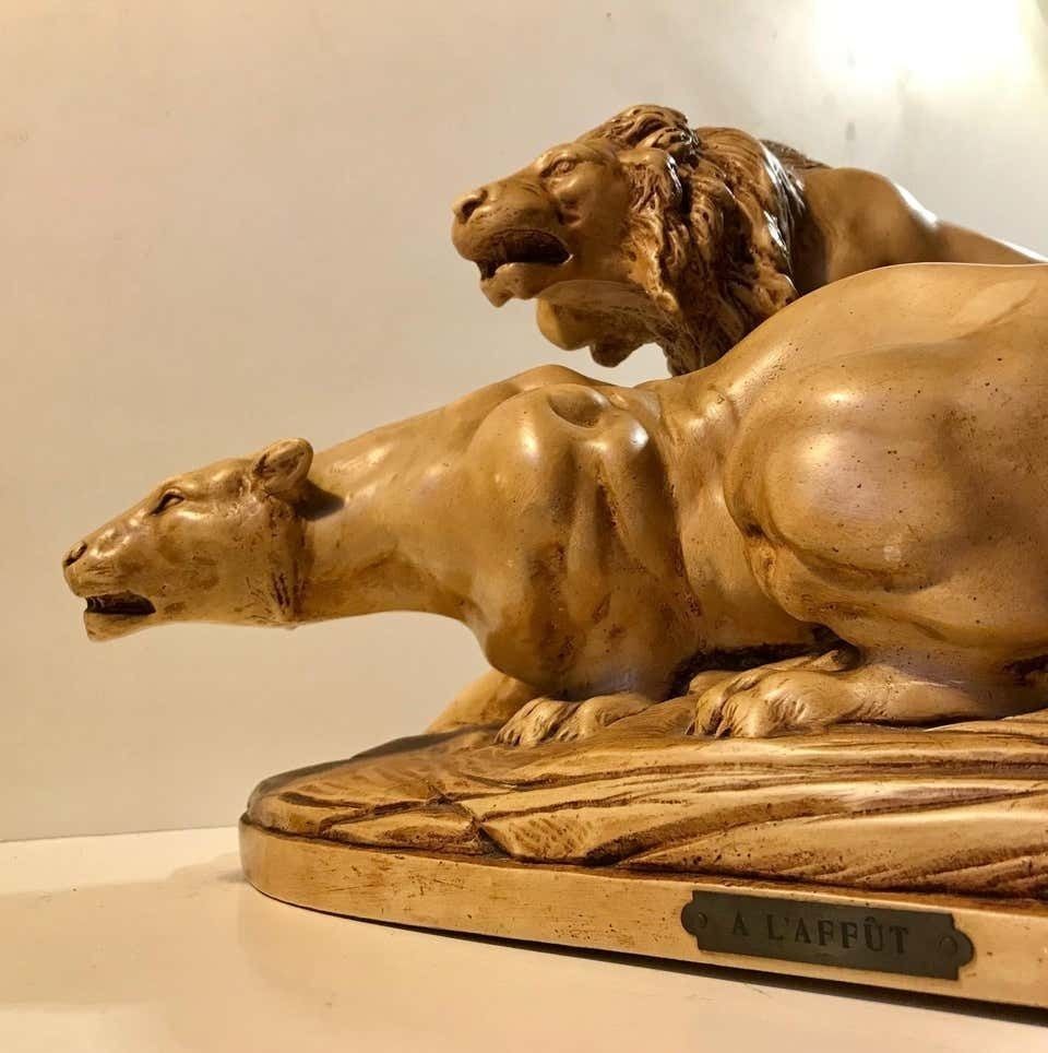 French Art Deco Sculpture Of Lions A L'affut By A. Martinez, Paris 1924 photo Art