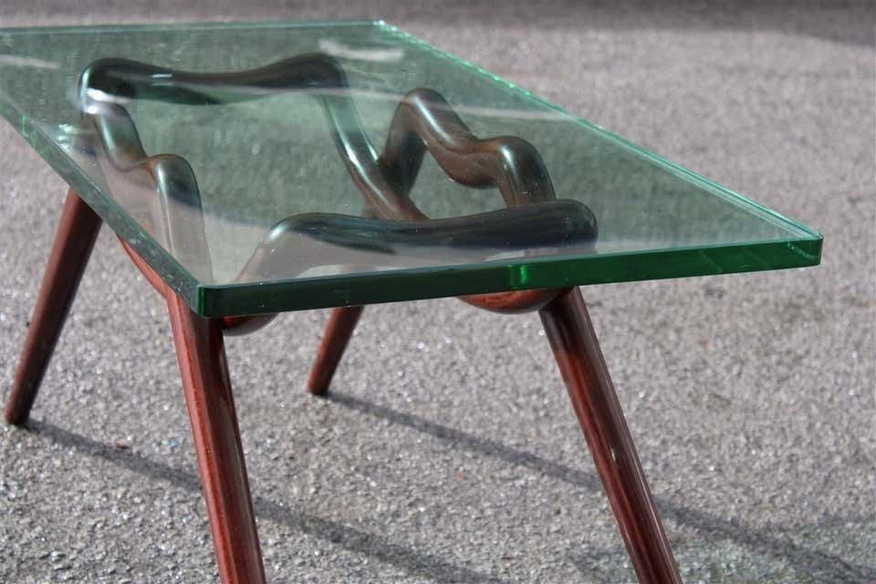Table Coffee Midcentury Design Glass Top Foot Curved Mahogany Wood Fontana Arte photo for sale