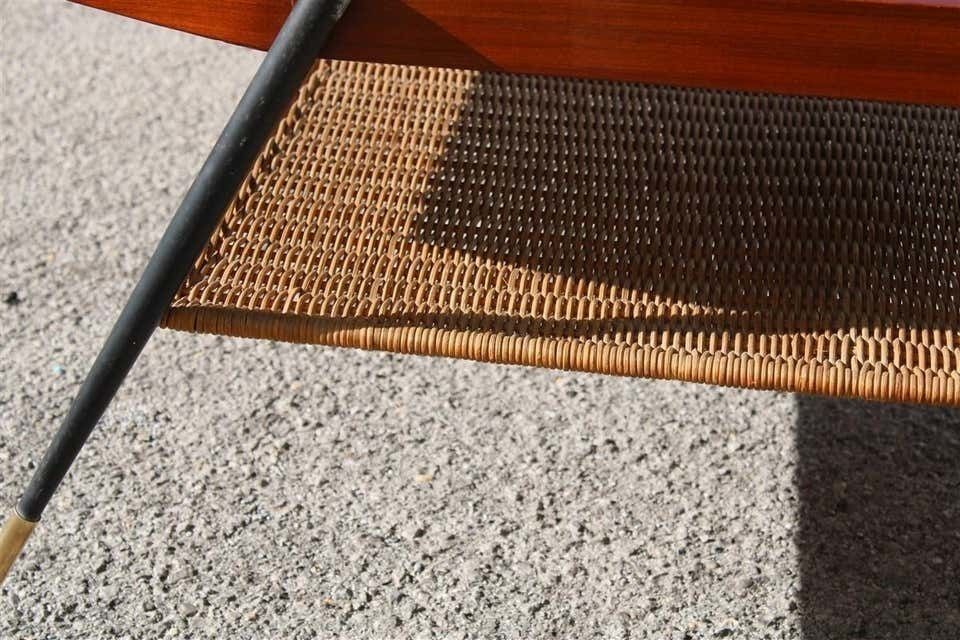Midcentury Italian Coffee Table In Mahogany Metal Brass And Bamboo Straw, 1950s photo 1960.0
