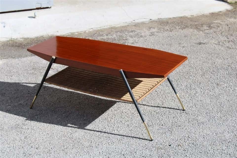 photo furniture Midcentury Italian Coffee Table In Mahogany Metal Brass And Bamboo Straw, 1950s