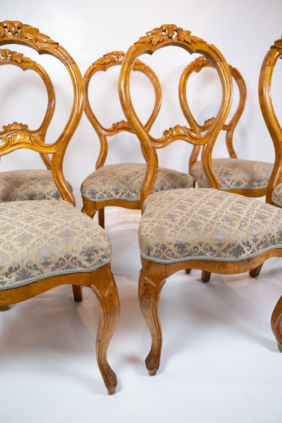 Set Of Six Rococo Dining Chairs Of Light Mahogany And Patterned Fabric From Around The Year 1760. photo furniture